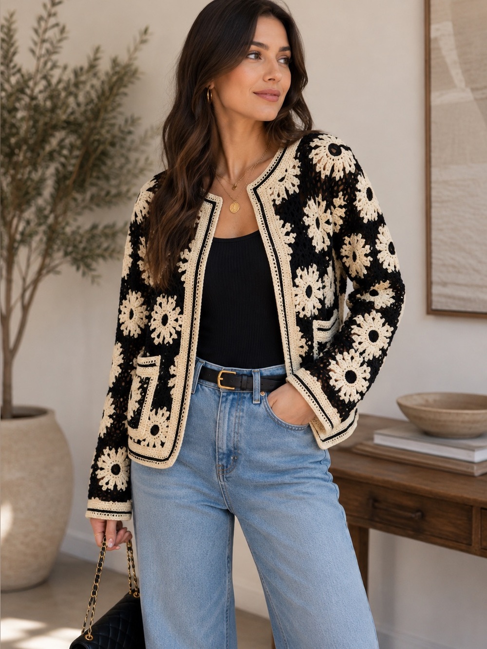 ShopEvelynne Black & Cream Crochet Floral Cardigan